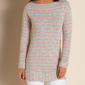 Soft Surroundings Striped Marina Tunic Sweater Pink Green 100% Cotton